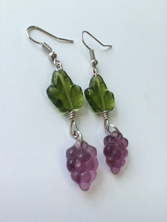 Items similar to Grape /wine Czech glass earrings, purple grape and
