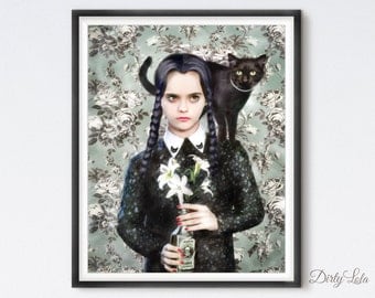 Wednesday - Gothic - Portrait - Illustration - Art Print - Fan Art - Cat Art - Black Cat