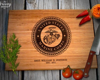 Marine Corps, Personalized Engraved Bamboo Wood Cutting Board, USMC Name Rank Date, Military, Caramel or Natural - Retirement Gift, Birthday