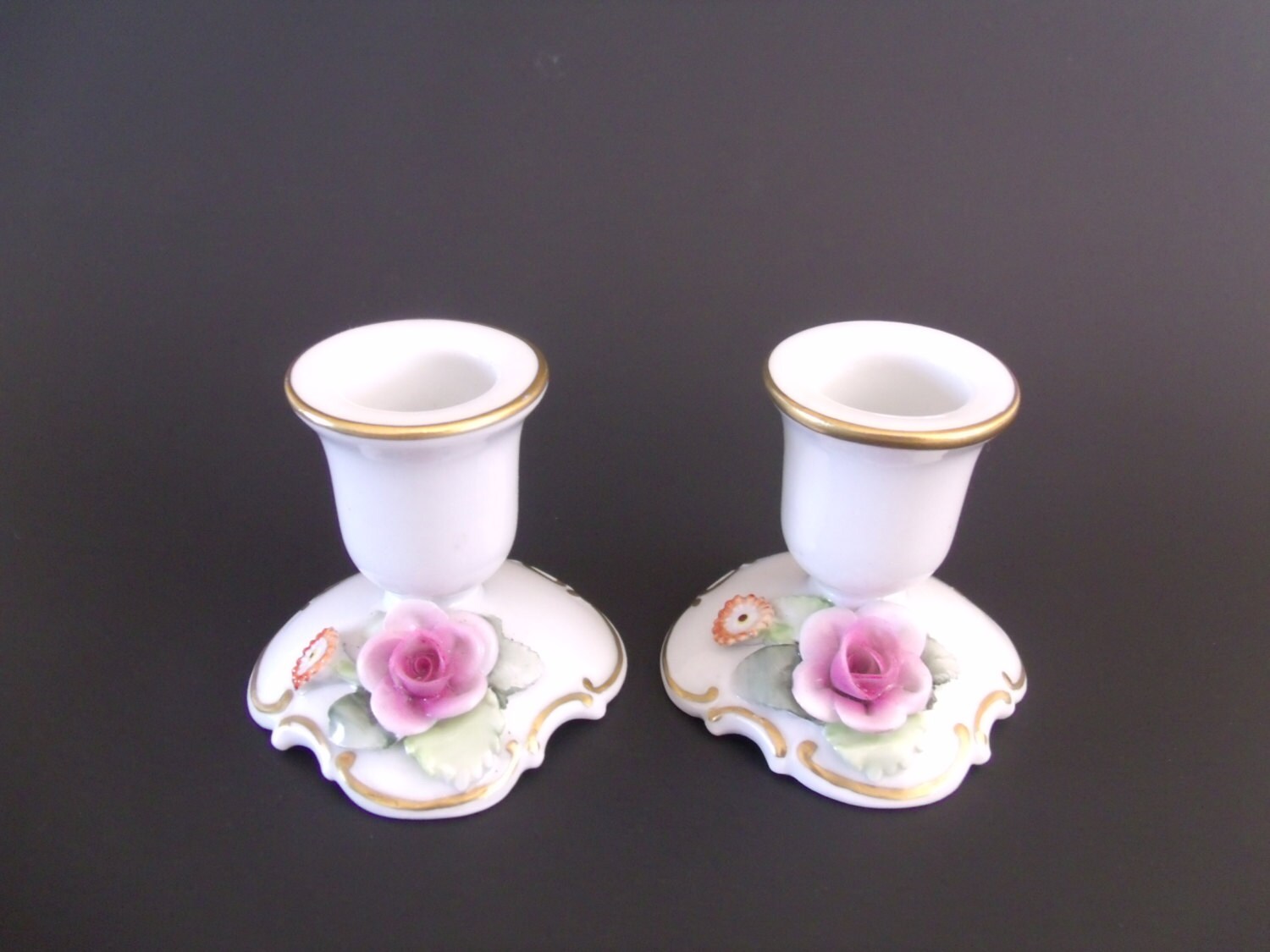 Vintage Porcelain Candle Holders Applied Flowers Home Decor
