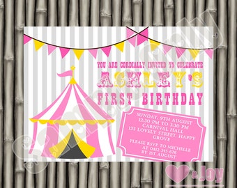 Circus Invitation, Circus Invite, Carnival Invitation, Carnival Invite, Birthday Invitation, Birthday Invite, Pink, Yellow, PRINTABLE