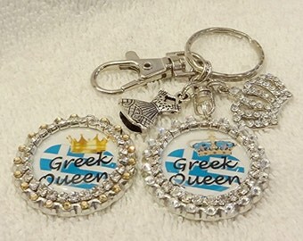 Greek Queen Keychain Purse Charm, Swarovski Rhinestones Bling Keychain, Greek Gift