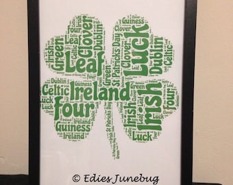 Irish Four Leaf Clover, St Patricks Day Gifts, Luck Of The Irish, Personalised Gift, Green Art, Home Decor, Word Collage