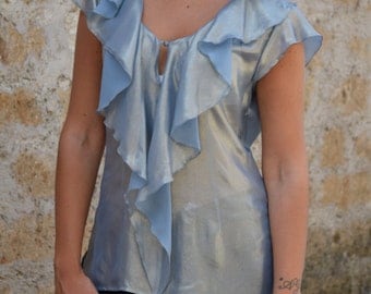 Blouse , Shirt , Silk smeared, Silver light blue color, V-Neckline with special collar-volant.