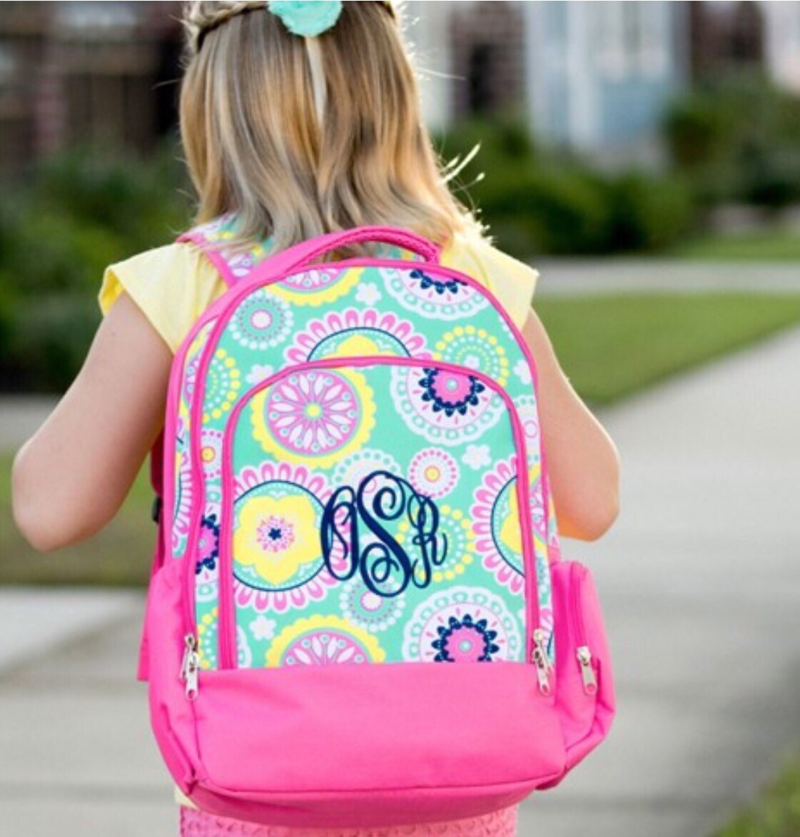 Girls monogram backpack pink and teal backpack by BrendaRuths