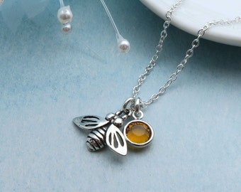 Honey Bee Necklace Sterling Silver With Custom Birthstone, Silver Queen Bee Dainty Bumble Bee Pendant, Sterling Bee Charm Necklace, Tiny Bee