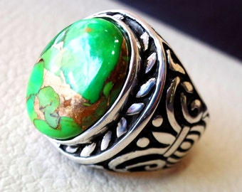 green copper turquoise huge natural stone men ring sterling silver 925 stunning genuine gem ottoman arabic style jewelry all sizes