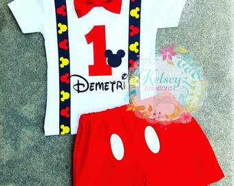 Mickey Mouse birthday Outfit suspender tshirt/onesie with matching shorts Choose your sz.