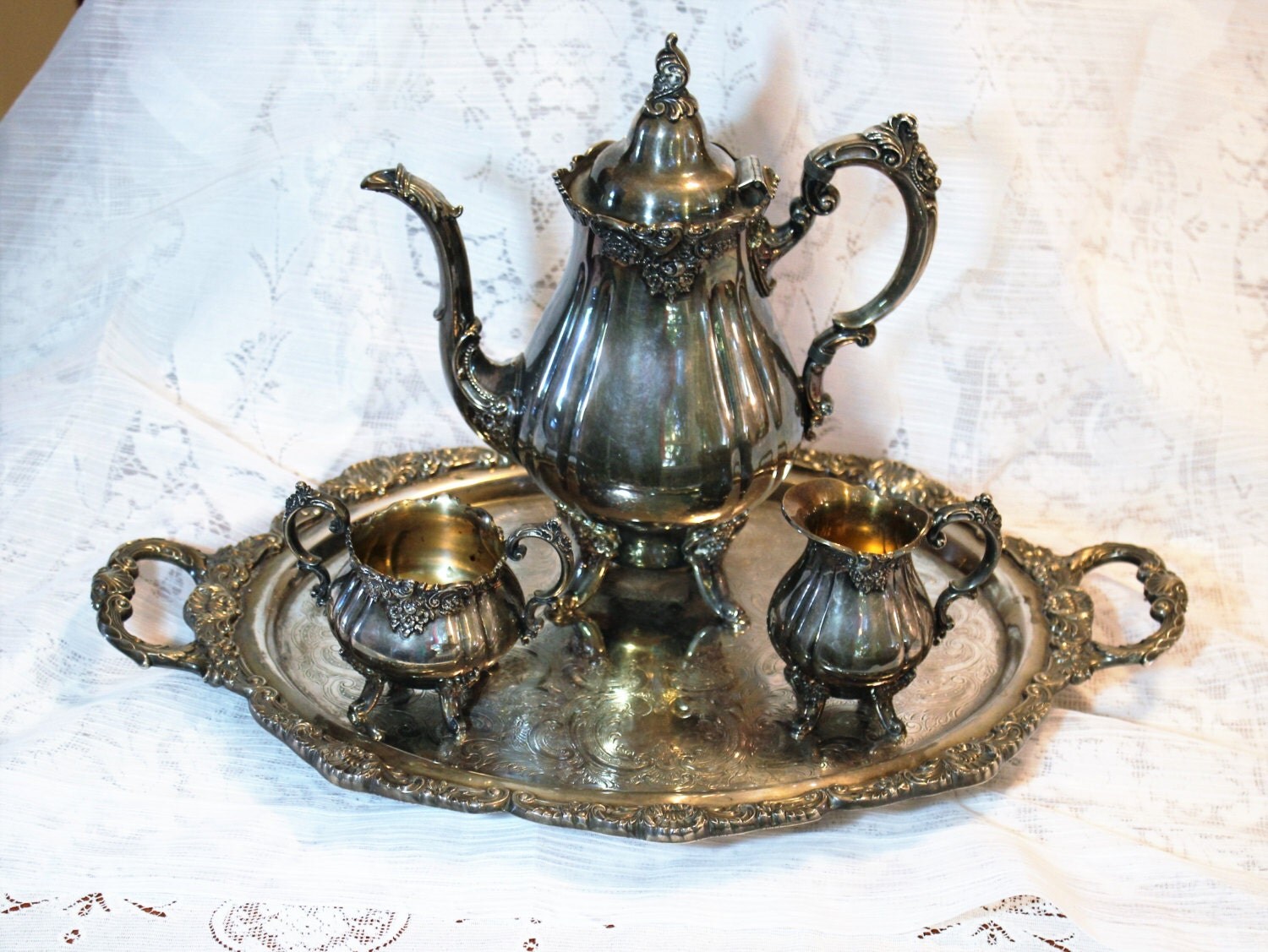 Wallace Baroque Ornate Silver 4 Piece Coffee or Tea Set with