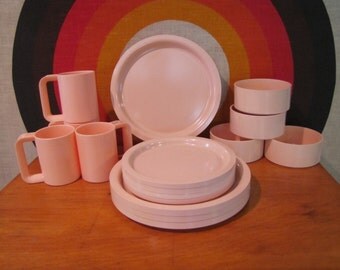 RESERVED Kasen Dining Set, Service for 4, 4 Mugs, 4 Bowls, 4 Salad Plates, 4 Dinner Plates, Pale Pink, Melamine, Peter Pan Industries, USA