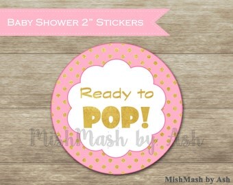 Pink and Gold Baby Shower Stickers, Ready to Pop Stickers, Pink and Gold Party Decor, Baby Shower Popcorn Stickers, Popcorn Tags