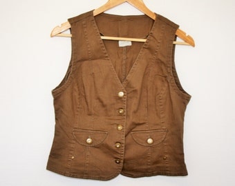 Womens Brown Waistcoat Brown Cotton Vest Romantic Fitted Secretary Country Traditional Size Medium