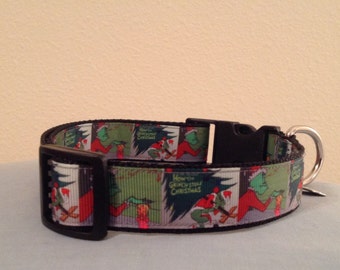 1 Inch Wide 13-21 Adjustable Grinch Pattern Grosgrain Dog Collar