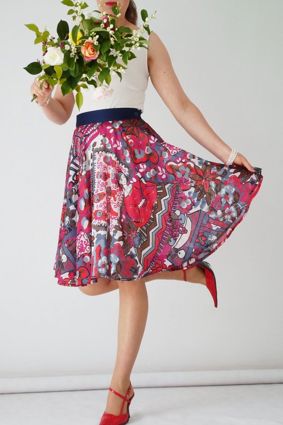 full circle skirt knee length printed silk cotton summer