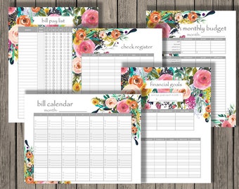 Budget Planner printable set, personlized monthly budget, financial goals, bill pay list and calendar, and check register. Full & Half page.
