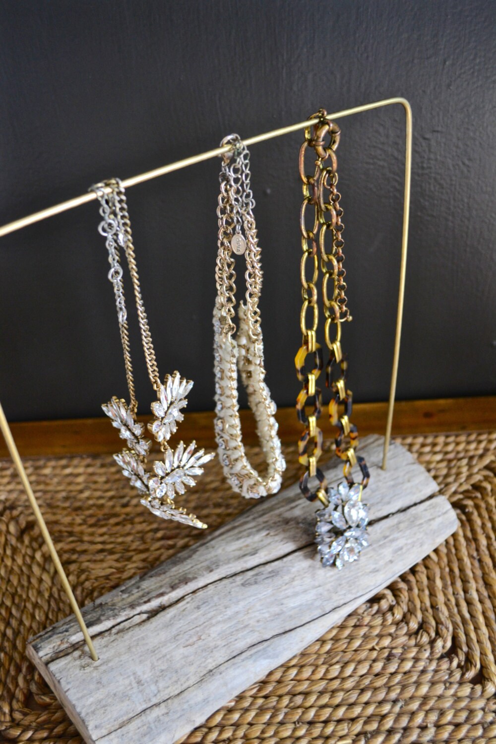 Driftwood and brass metal jewelry stand/jewelry by charlestonandco