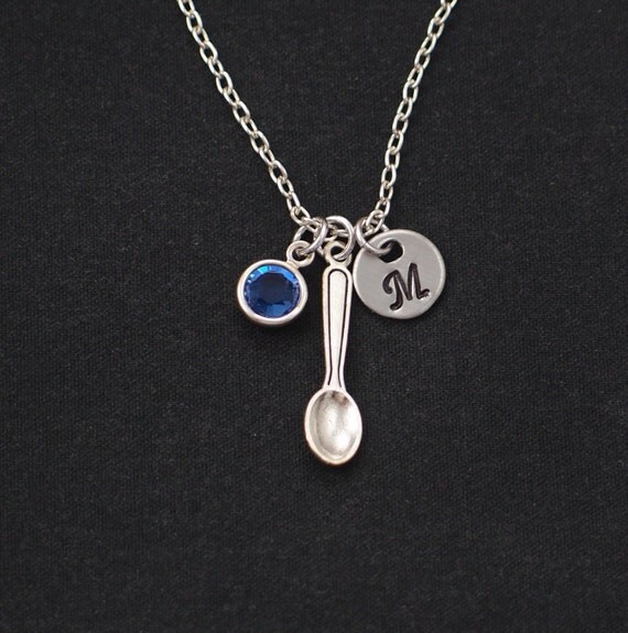 initial necklace tiny spoon necklace birthstone necklace