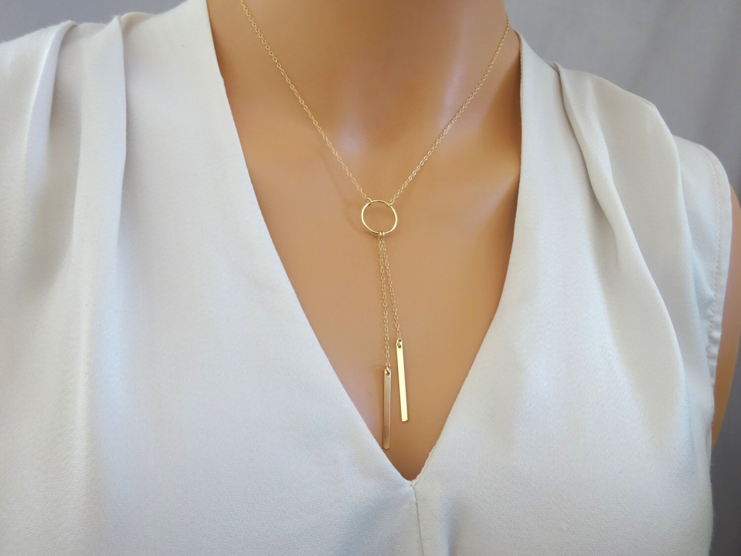 Dainty Gold Lariat Necklace Circle Y necklace Gold Bar Drop