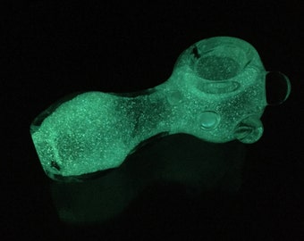 Glow in the Dark Glass Pipe Thick USA Made Green with Clear Marble Grips