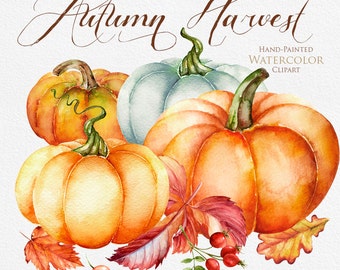 Pumpkin watercolor clipart, Halloween, Autumn, Briar, Yellow Leaves, digital clipart, hand painted clipart, fall clipart, instant download