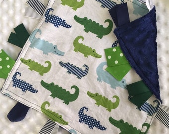 Personalized Tag Blanket Sensory Ribbon Blanket Lovey- Dapper Alligator Crocodiles and Minky Dot
