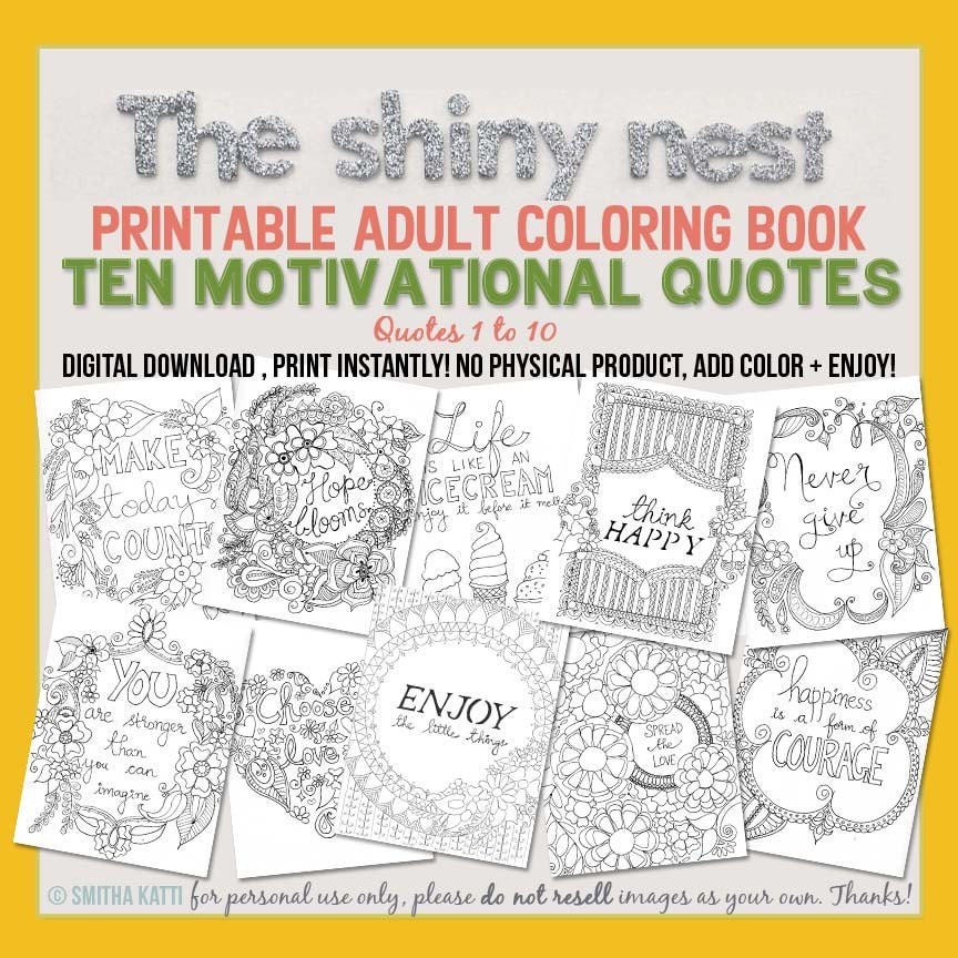 SALE Printable Adult Coloring Book Ten Motivational Quotes