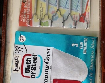 Vintage Silver Ironing Board Cover and Metal Clips
