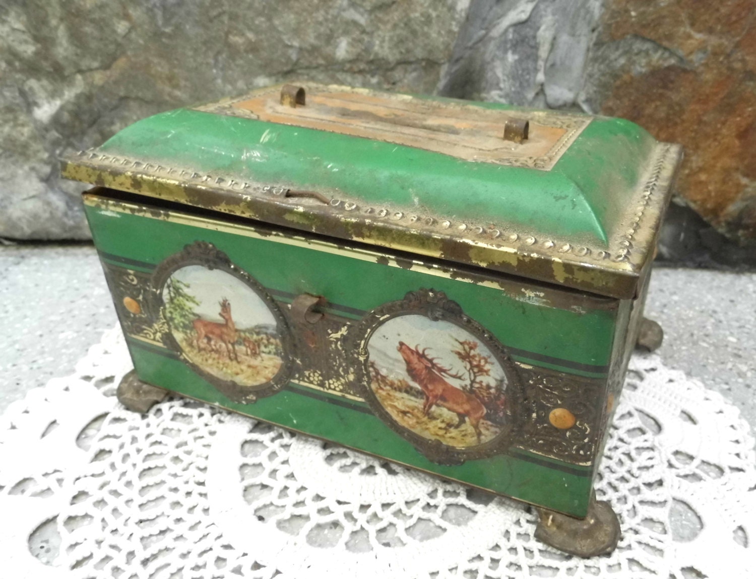 Vintage Metal Money Box Tin Can Green Gilded Kitchen Sewing Storage ...