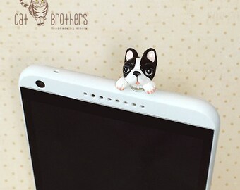 Tuxedo French Bulldog phone plug, dust plug, phone accessories, phone decoration, polymer clay, hand painted with Acrylic colors.