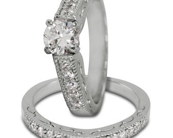 Diamond Bridal Set In 14k White Gold Featuring Engraving Decoration And Milgrain
