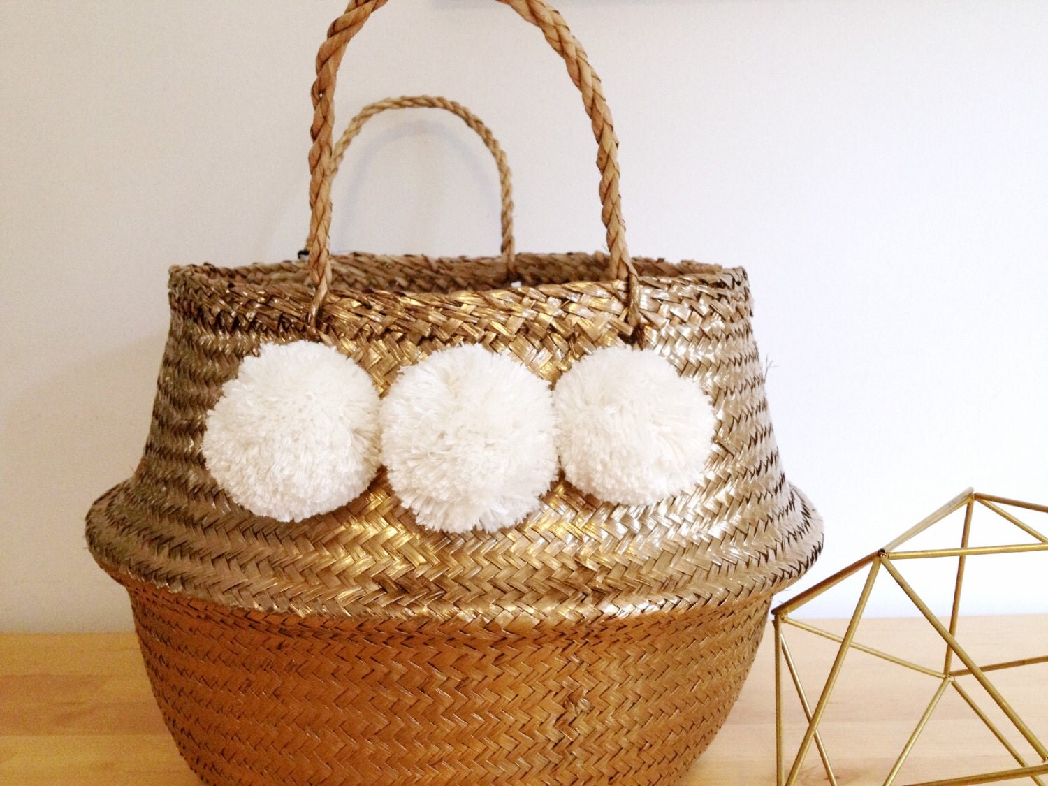 Pom Pom Gold White Seagrass Belly Basket Panier by TalaHomeDesign