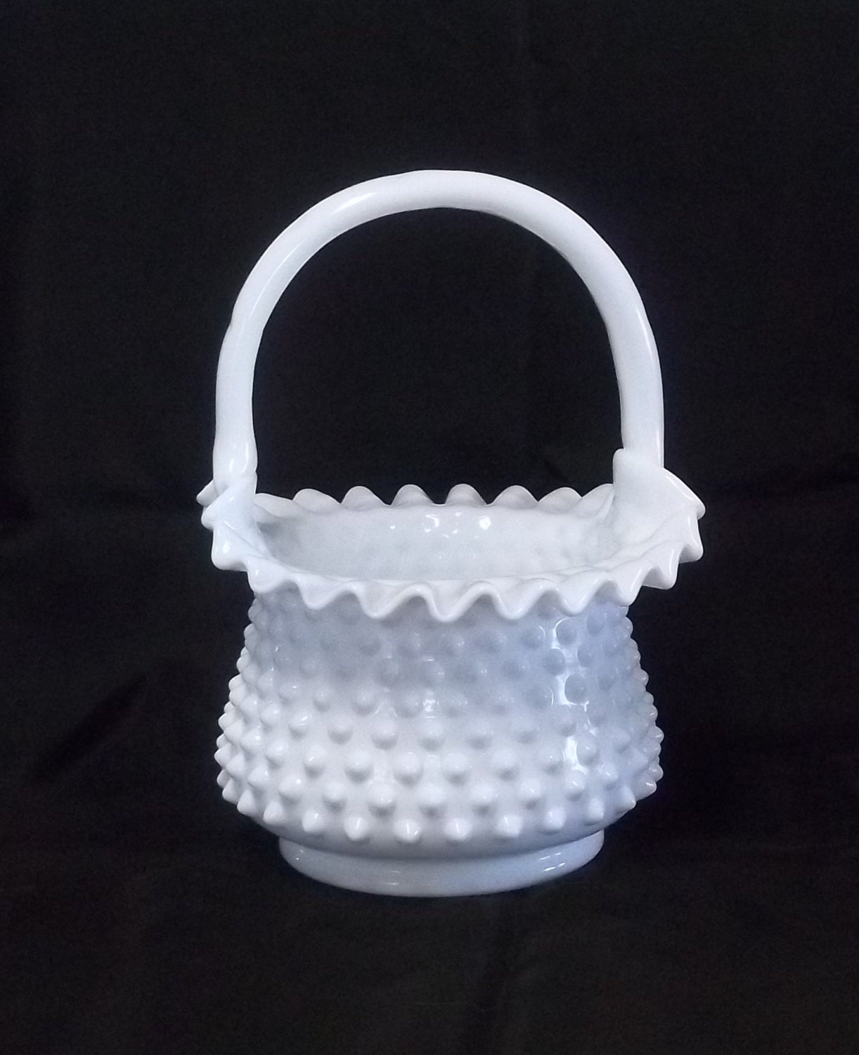 Fenton Milk Glass Hobnail Applied Handle Basket with Crimped