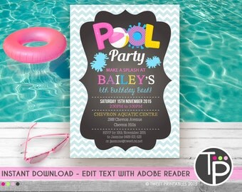 GIRL POOL PARTY Invitation, Instant Download Pool Party Invitation, Girl Pool Party Invitation, Pool Party, Edit yourself with Adobe Reader