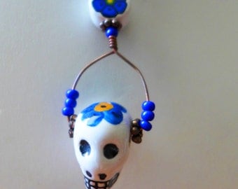 Day of the Dead (Dia de los Muertos) Peruvian Ceramic Skull Necklace with Cobalt blue Czech glass beads and Copper and Brass closures