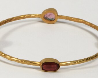 Hammered Round Simple 2.5inch Bangle .925SterlingSilver with 18kt Gold Micron Plating with Multi Tourmaline Gemstones