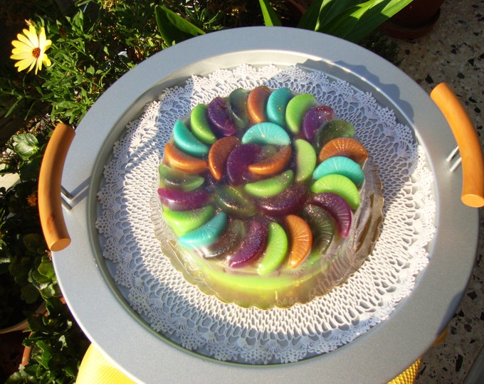 Green Purple Orange Lime Fruity Glycerin Soap Cake, Artfully designed Scented Soap Cake, Home Decor, Table Centerpiece, Ready to ship