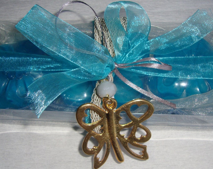 Aquamarine Butterflies: Elegant Gift Set with Luxury Scented Soaps in Blue - Turquoise - Grey Colour & a Handmade Butterfly Necklace Jewelry