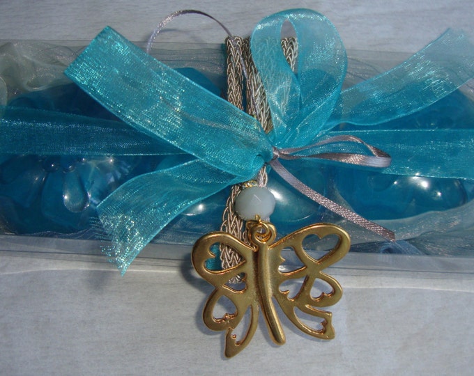 Aquamarine Butterflies: Elegant Gift Set with Luxury Scented Soaps in Blue - Turquoise - Grey Colour & a Handmade Butterfly Necklace Jewelry