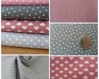 Grey and Pink Fabric Fat Quarter Bundle - 4 Piece - 100% Cotton Poplin. Hearts, Stars & Polka Dot. For Quilting, Dressmaking, Crafts.