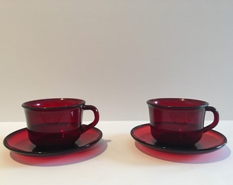 Set of 2 Vintage Arcoroc France red tea cups with saucers