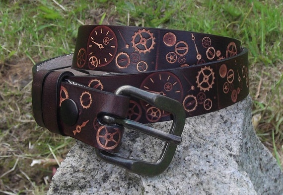 Leather belt 3 cm wide, stempunk design, colour "marron chocolat"(16 colors to choose) by Breizhler steampunk buy now online