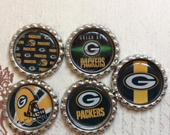 SET of 5 -Green Bay Packers Bottle Caps For Pendants, Hairbows Hair Bow Centers - Ready to use