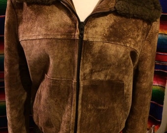 Vintage suede leather mens bohemian 1960's style bomber jacket mens large mens size 44 mens hippie folk style rustic coat