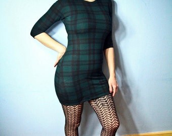 Bottle Green and Black Celtic Tartan Bodycon Mini Dress. Various sizes.