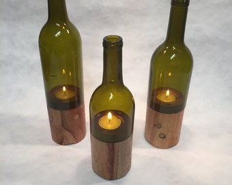 Wine Bottle Candle Tea Light, Wood Base, Glass and Wood Candle, Tea Light Candle,