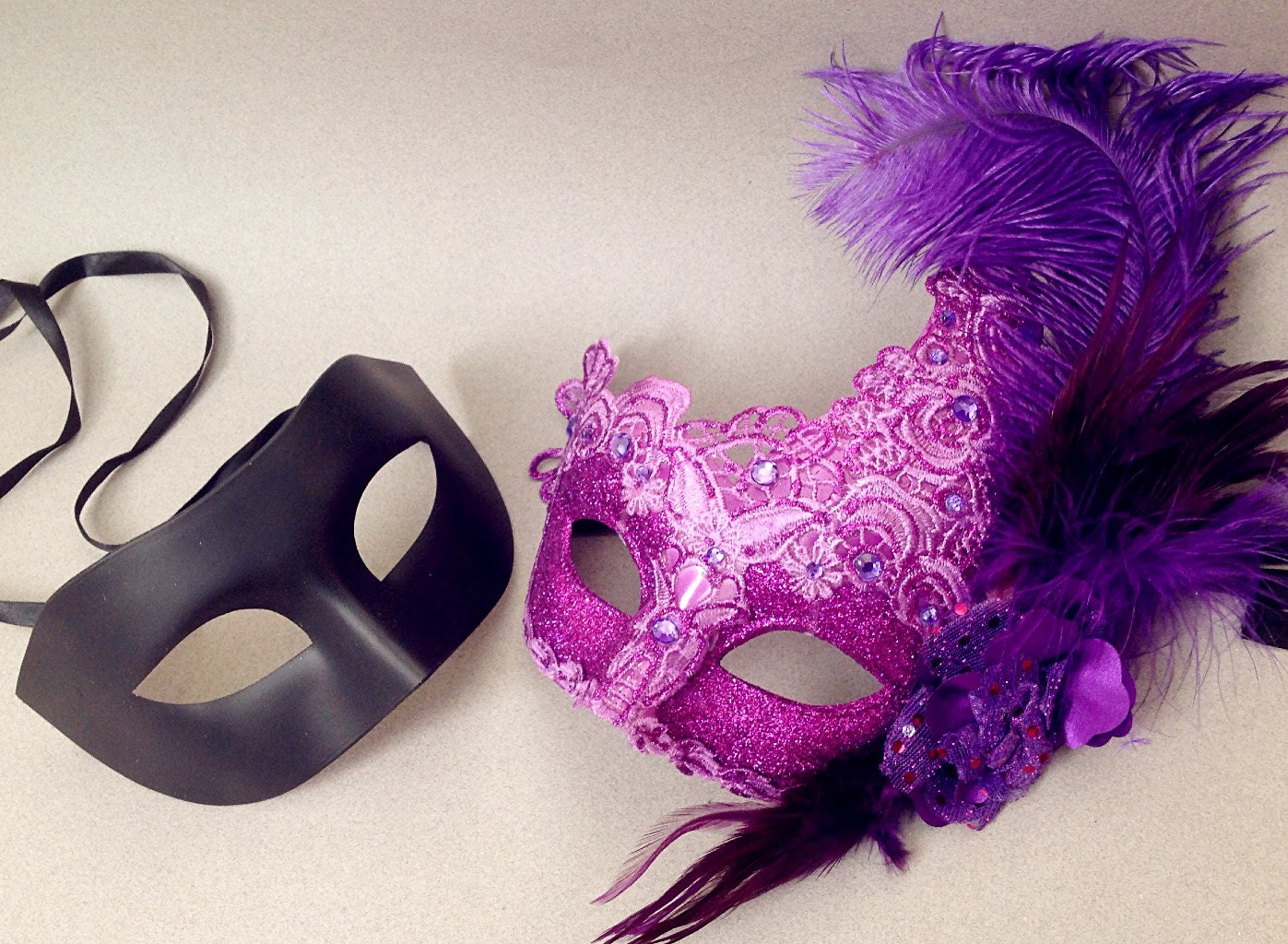 Black Purple Lace Masquerade Mask Pair Prom Party Surprise