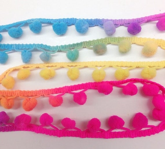 Rainbow pom pom trim handcrafted fringe fabric lace by toptrimming