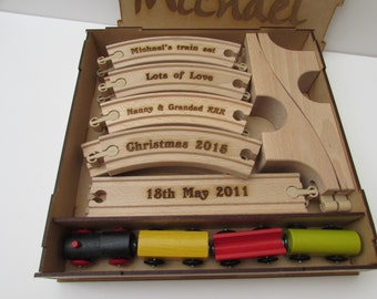 Personalised wooden Toy Train set Unique keepsake gift 1st train set. comes in a Personalised box.