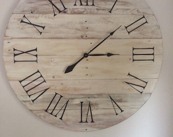 Distressed White Pallet Clock With Black Roman Numerals - 35" Sample similar one will be made on order
