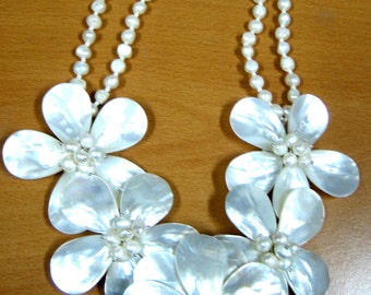 Five Mother of Pearl Flower Necklace, Fresh Water Pearl